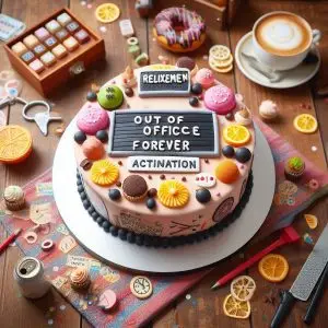 A cake with a creative message like Out of Office Forever or Relaxation Mode Activated surrounded by retirement themed decorations