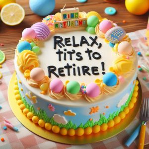 retirement cake with a fun message written on top, like Relax